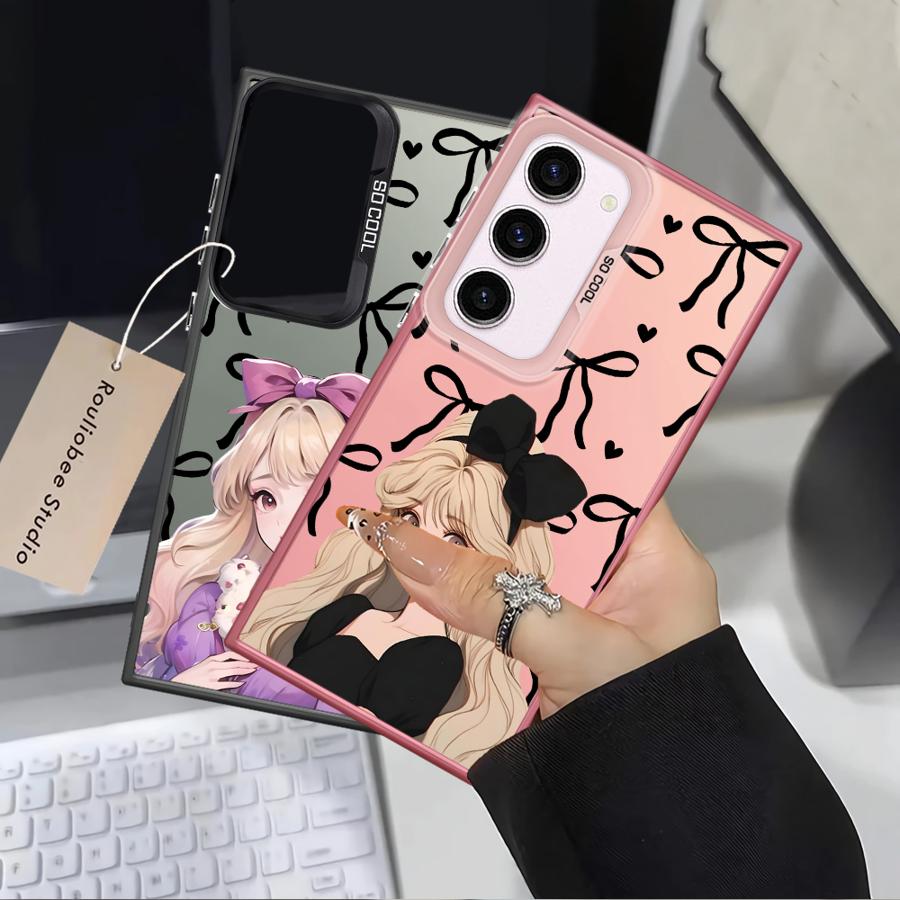 Cartoon Girl Bow Phone Cover Case for Samsung Galaxy S25 S22 S24 FE S25Edge S23 Ultra S20 Plus S23 Note 20 Ultra S21