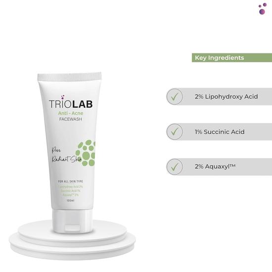 TRIOLAB Anti-Acne Face Wash | Gentle Face Wash for Oily and Acne Prone Skin | Deep Cleansing | Controls Excess Oil & Prevents Breakouts | 100ml