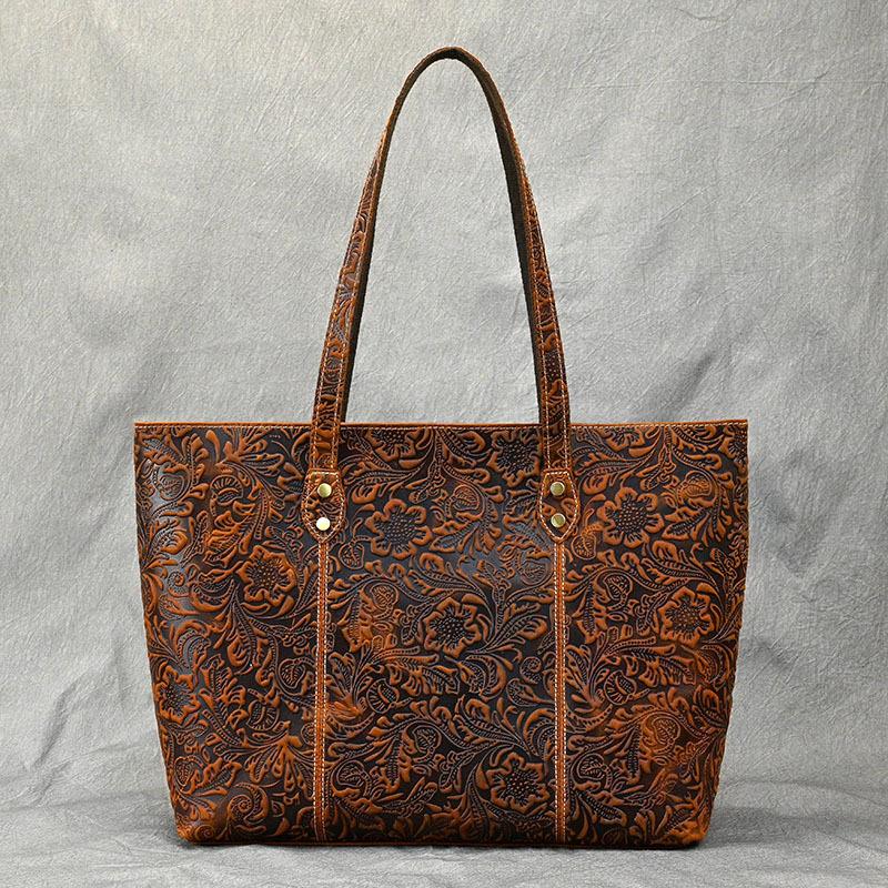 Leather Women S Handbag Printed Fashion Retro Cowhide Commuter Handbag Large Capacity Messenger Shoulder Bag