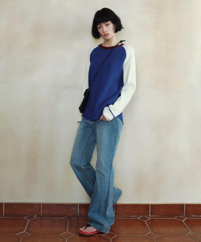 Siyajyu Sikn2176 Waffle Raglan Color Block Knit_Mix Blue