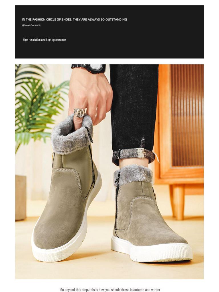 Men's High-Top Snow Boots - Velvet-Lined, Warm Leather, Fur, Slip-On, Winter Cold-Proof.