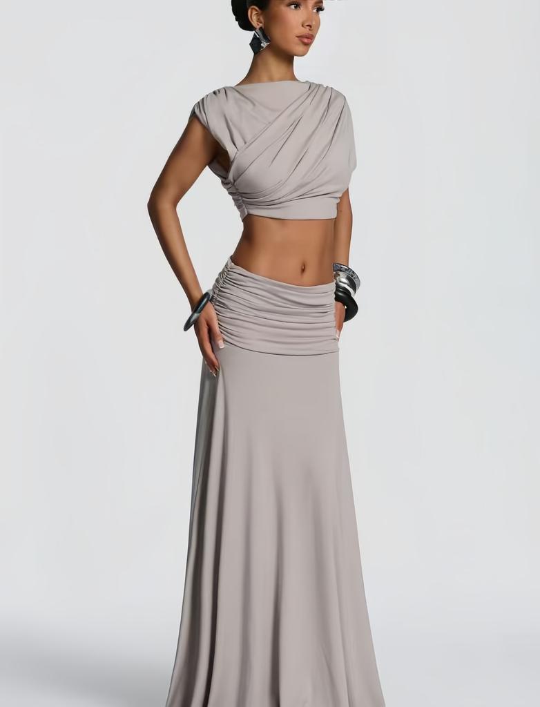 Γυναικείο Σετ Μπλούζα Crop Off-Shoulder και Μακριά Φούστα με Πτυχώσεις Ψηλόμεση Πολλά Χρώματα