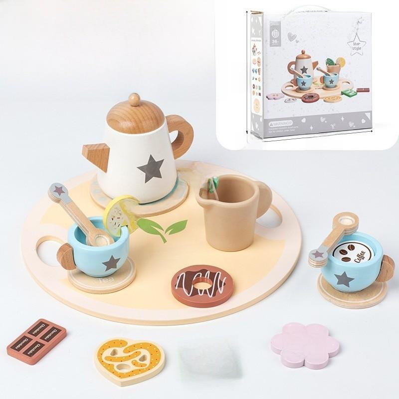 Wooden Childrens Tea Set With Pretend Play Kitchen Role Play For Kids Star