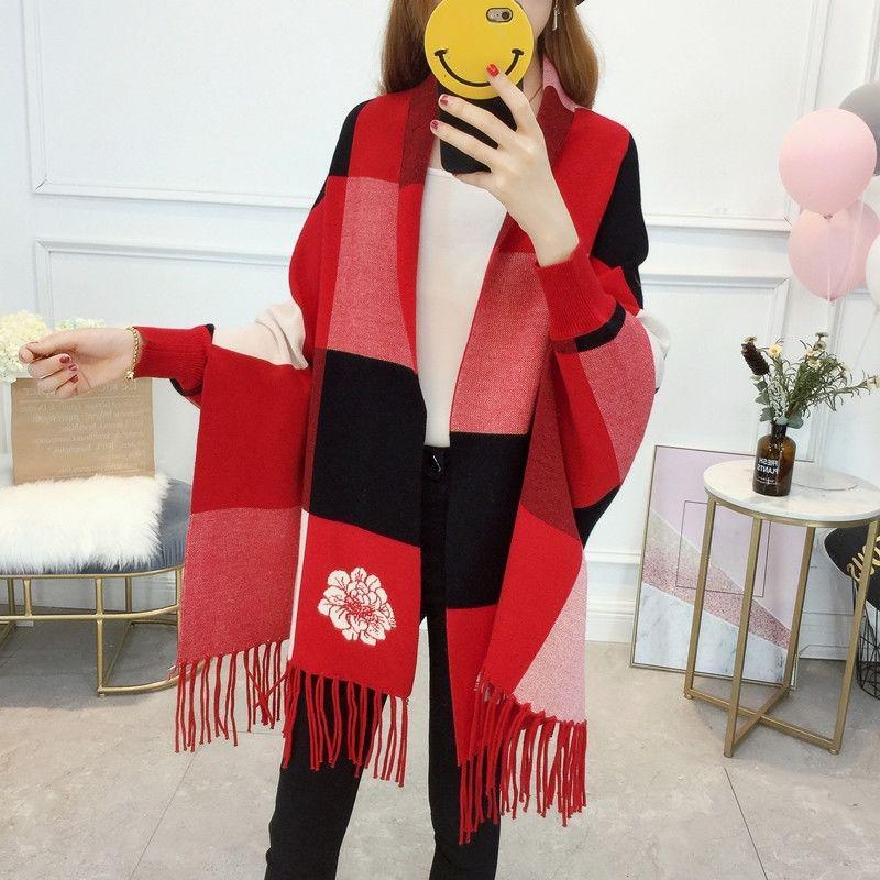 

Женский осенне-зимний универсальный плащ с рукавами «летучая мышь», толстая вязаная шаль с кисточками, свободный клетчатый кардиган, пальто One size