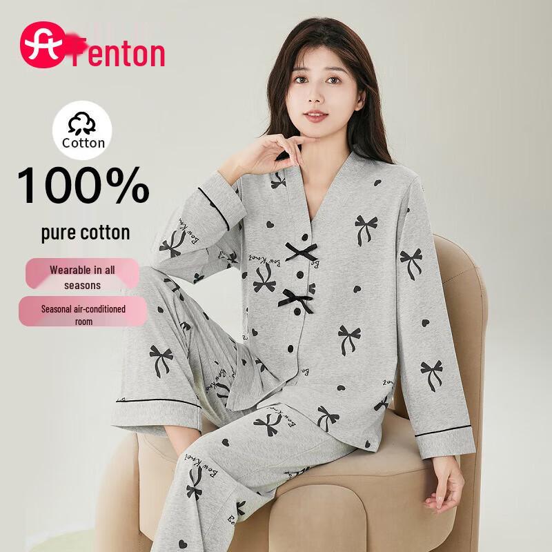 Fenteng Women s Pure Cotton V-Neck Bowknot Pajama Set L