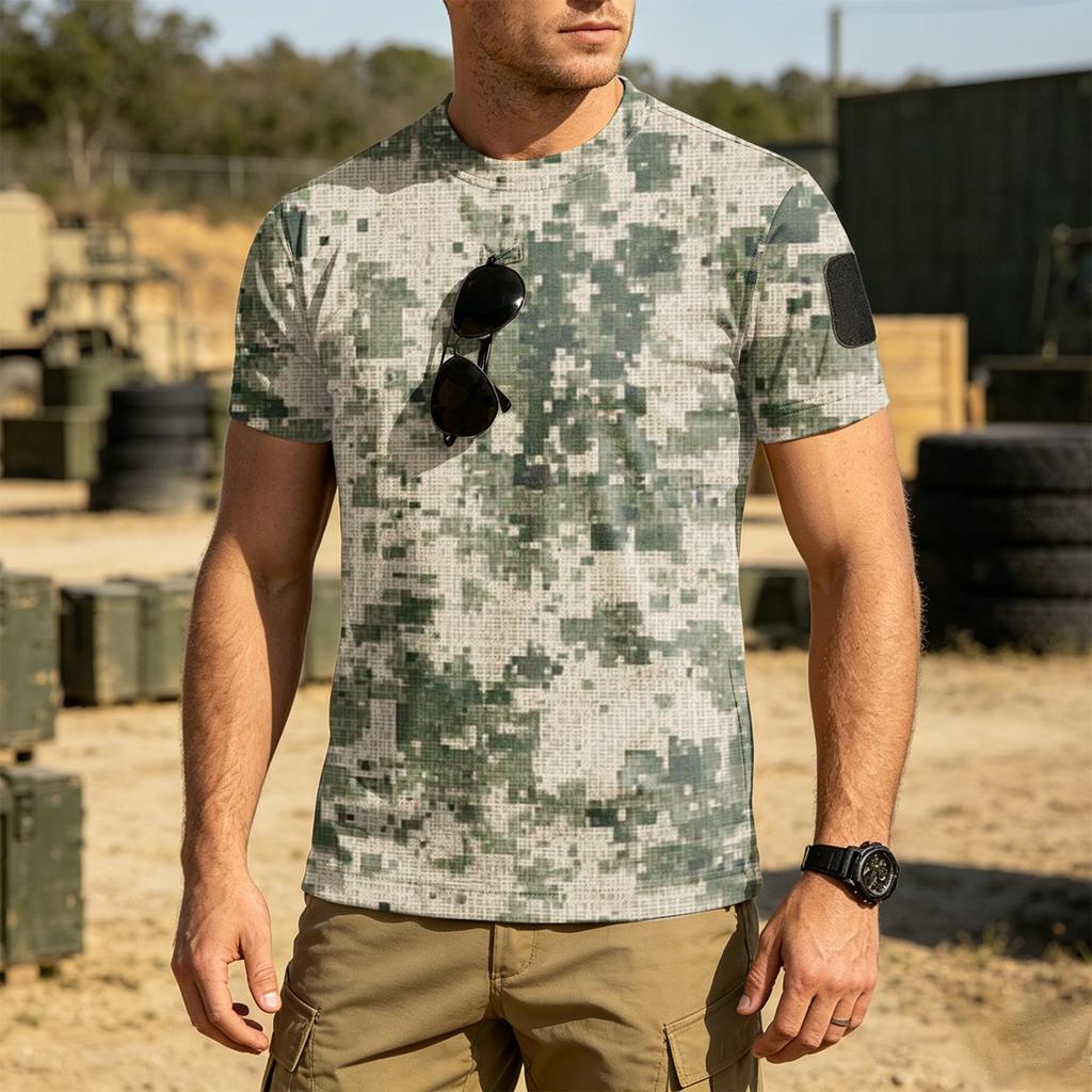 Men's Tactical Outdoor Quick Dry T Shirt Loose Fit Breathable Round Neck Short Sleeve Camouflage Print with Hook and Loop Patch Area