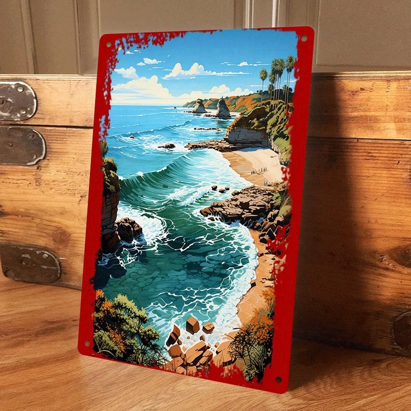 

1 piece of tropical coastal landscape tin plaque, featuring waves, reefs, beaches, and coconut trees. Suitable for living room/e (as the picture,20x30cm)