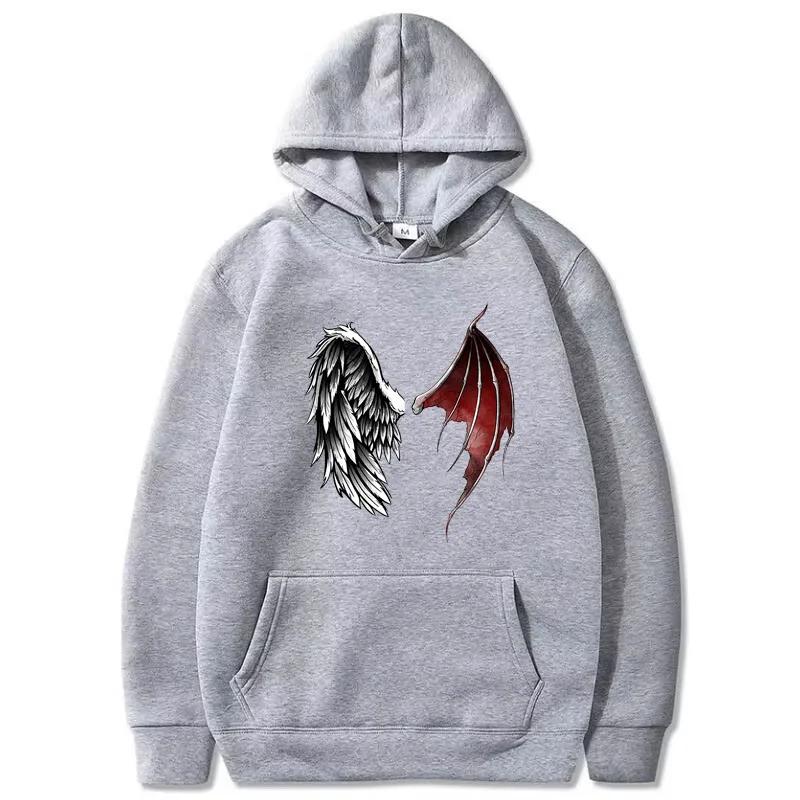 Demon And Angel Wings Print Hoodie Winter Fleece Long Sleeves Sport Jogging Pullover Sweatshirt Clothes