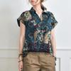Women Casual Turn Down Collar Short Sleeve Print Cotton Blouse