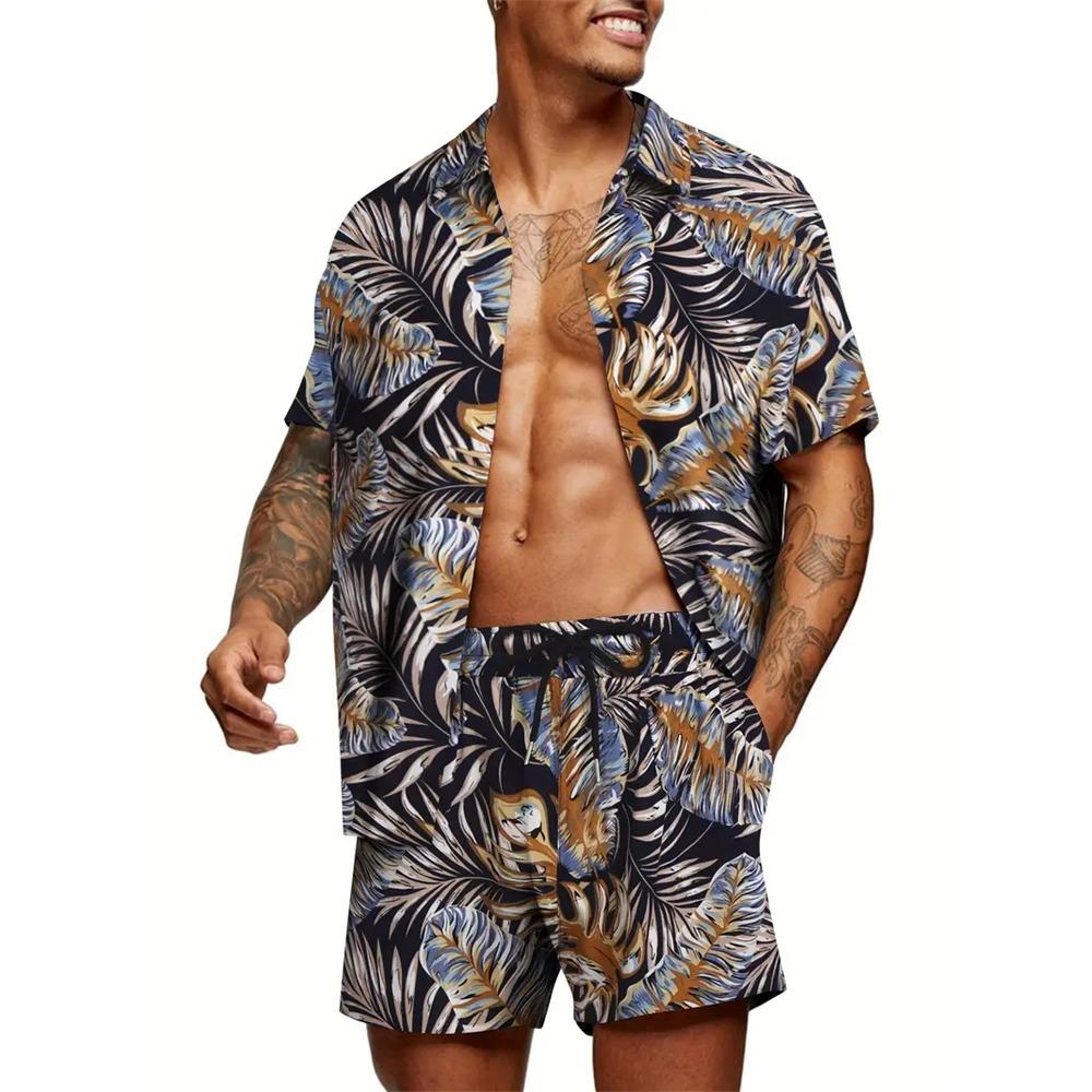 Men's New Hawaiian Short-Sleeved Shirt Shorts Set Summer Daily Travel Shirt Beach Casual Drawstring Shorts Jungle Print Set