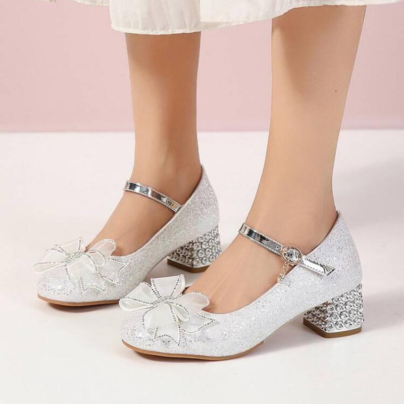 New Girls Crystal Shoes Beef Tendon Soft Sole Non-slip Girls Student Shoes Four Seasons Older Children's Shoes Buckle Sequined Princess Shoes