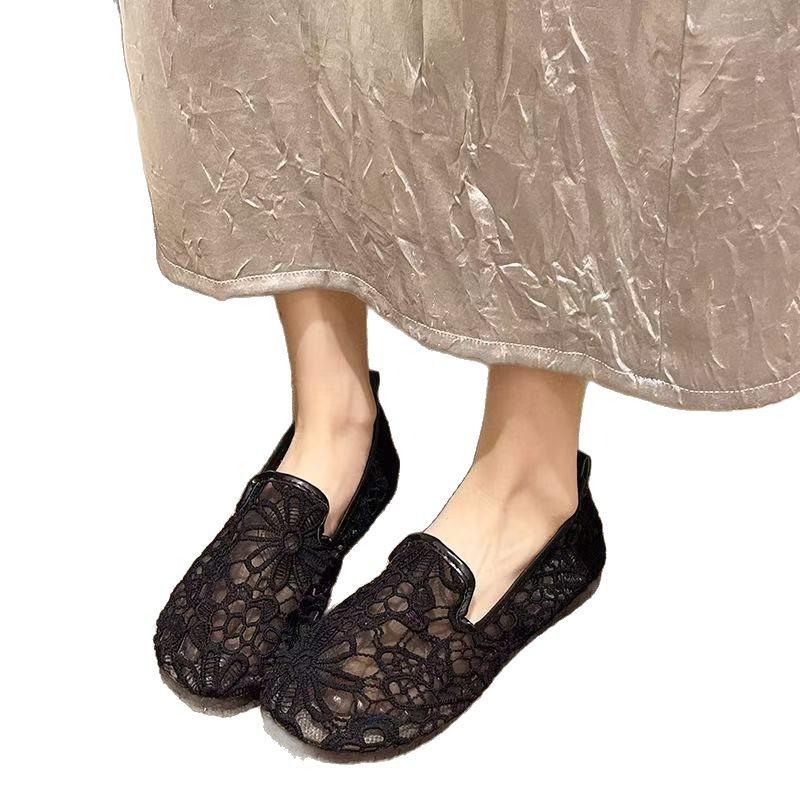 Summer thin mesh shoes women's lace sequins shallow mouth single shoes linen hollowed out old Beijing cloth shoes fairy wind Doudou shoes