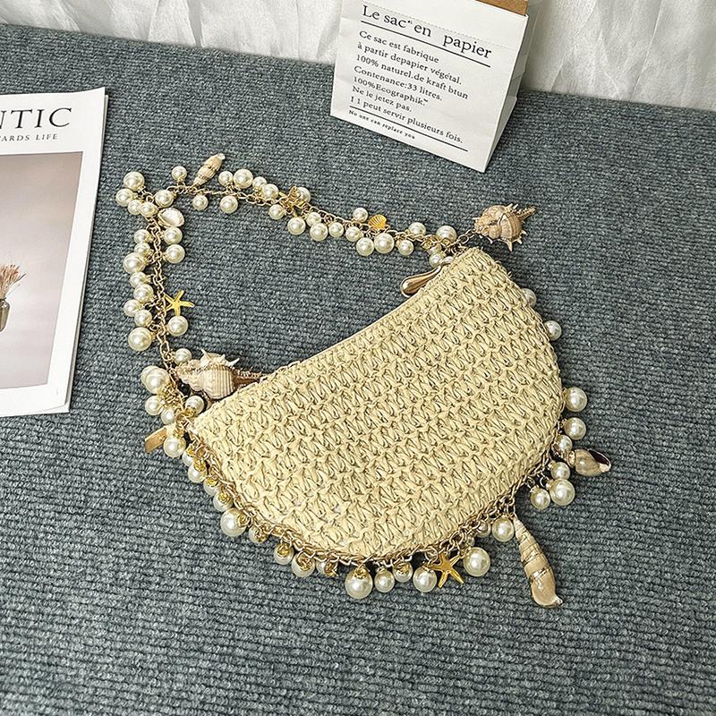 Yogodlns Borsa da Donna Bohémienne in Paglia Perle Conchiglia Borse Intrecciate a Mano Intrecciata a Mano Conchiglia Stella Marina Borsa da Spiaggia Rattan Mezza Luna Borse a Spalla