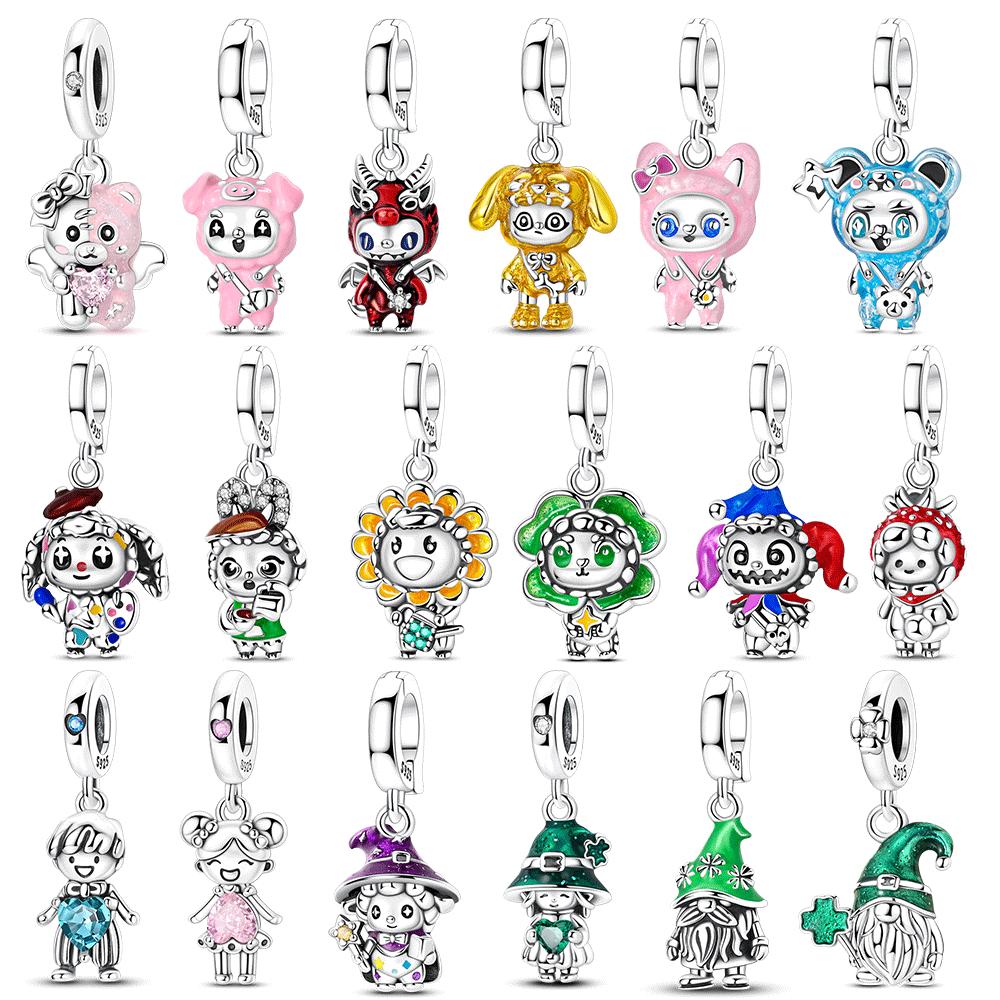 925 Silver Cartoon Doll Theme Series Pendants Bear Piggy Wizard Dwarf Charms Fit Original Bracelet Necklace Jewelry