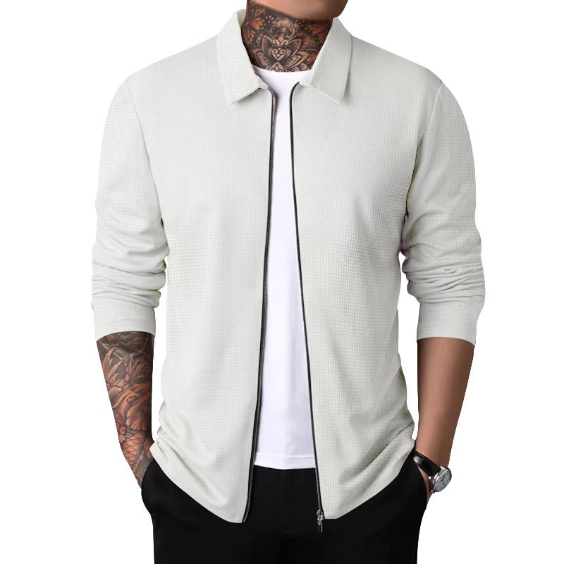 Autumn Men's Zippered New Waffle Cardigan Jacket Lapel Jacket Coat or Wear It Alone Casual Top