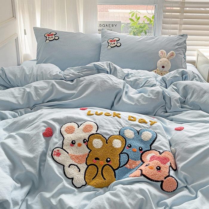 Class A Ins Pure Washed Cotton Bedding Four-Piece Set Quilt Cover Quilt Cover Bed Sheet Person Student Dormitory Three-Piece Set