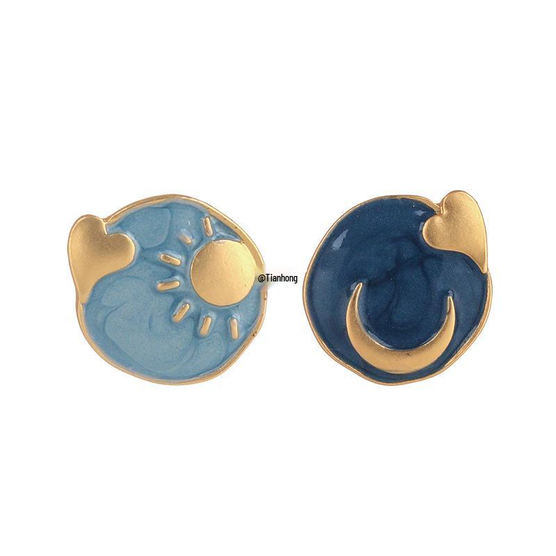 Französische Retro Asymmetrische Geometrische Ohrringe Sonne und Mond