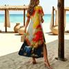 Women Fashion Round Neck Splashing Ink Gradient Grid Printed Short Sleeve Side Slit Dress Casual Vacation Dress Long Loose Dress