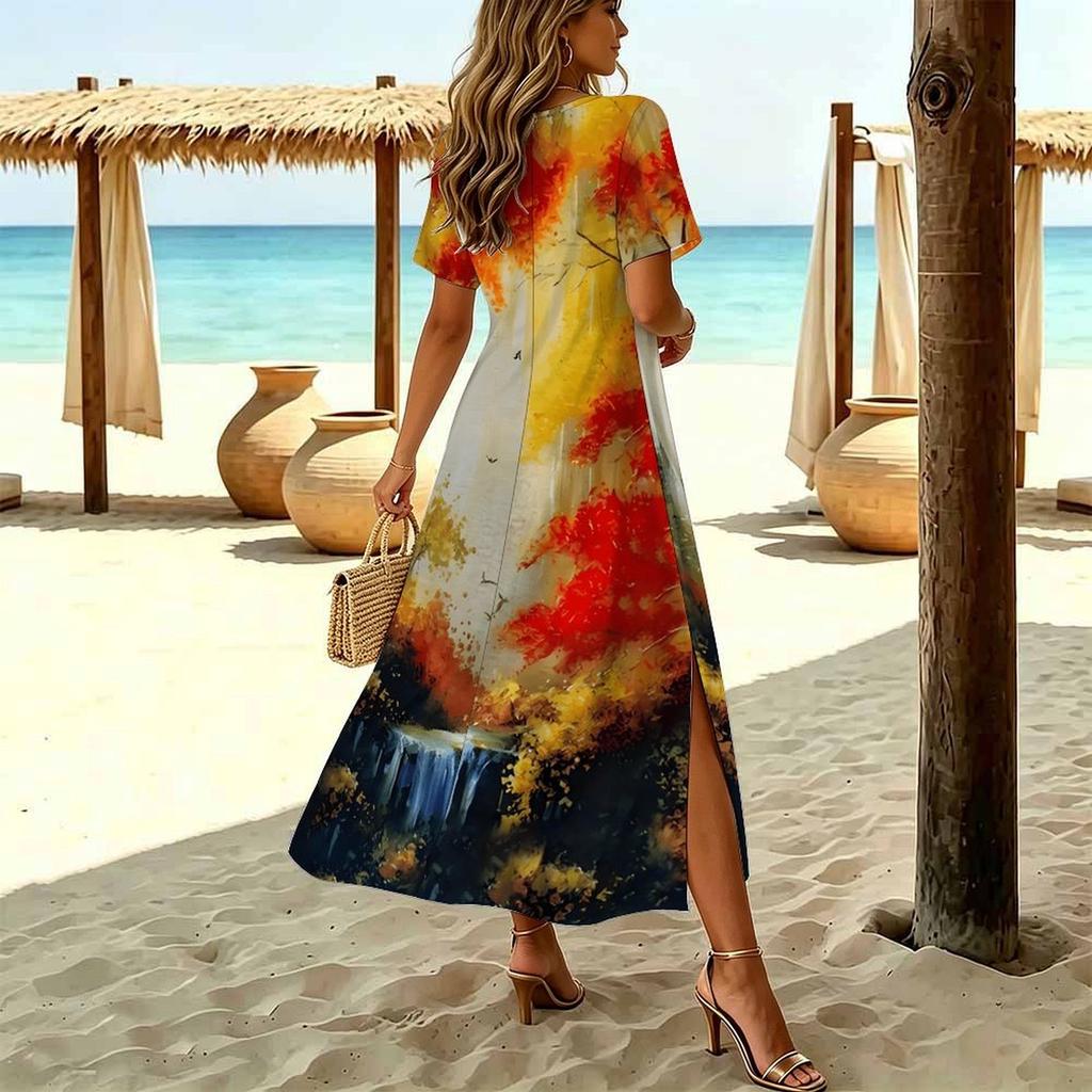 Women Fashion Round Neck Splashing Ink Gradient Grid Printed Short Sleeve Side Slit Dress Casual Vacation Dress Long Loose Dress