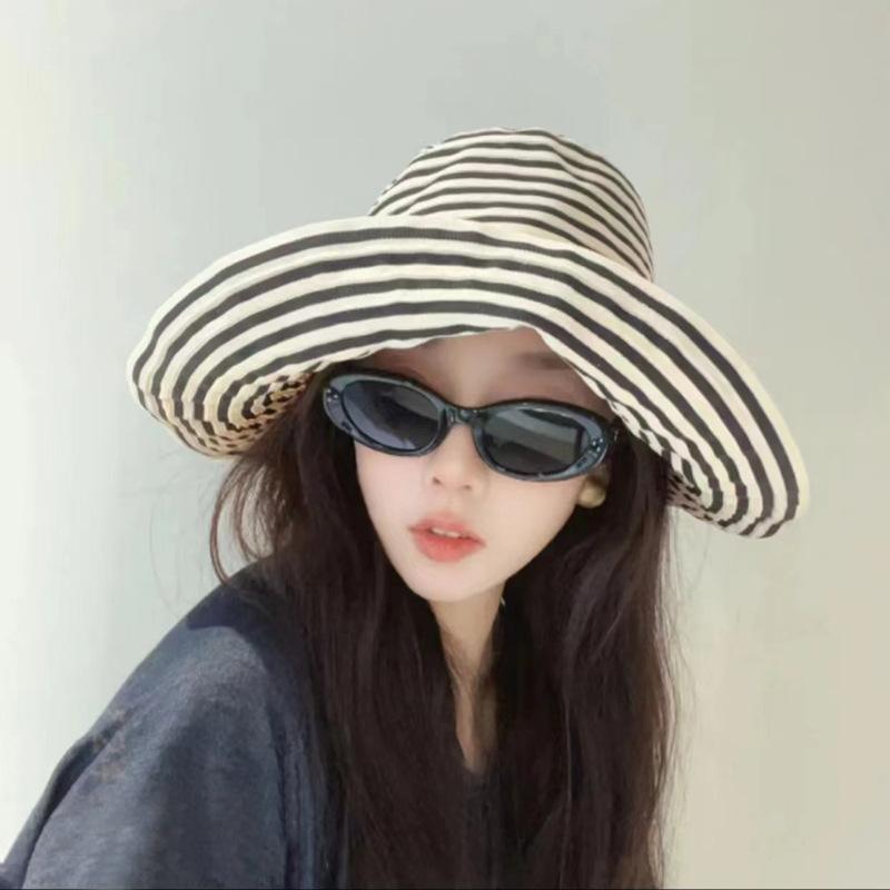 Elegant Women's Retro Style Versatile Bucket Hat with Ribbon Stripes Wide Brim Sun Protection Fisherman Hat