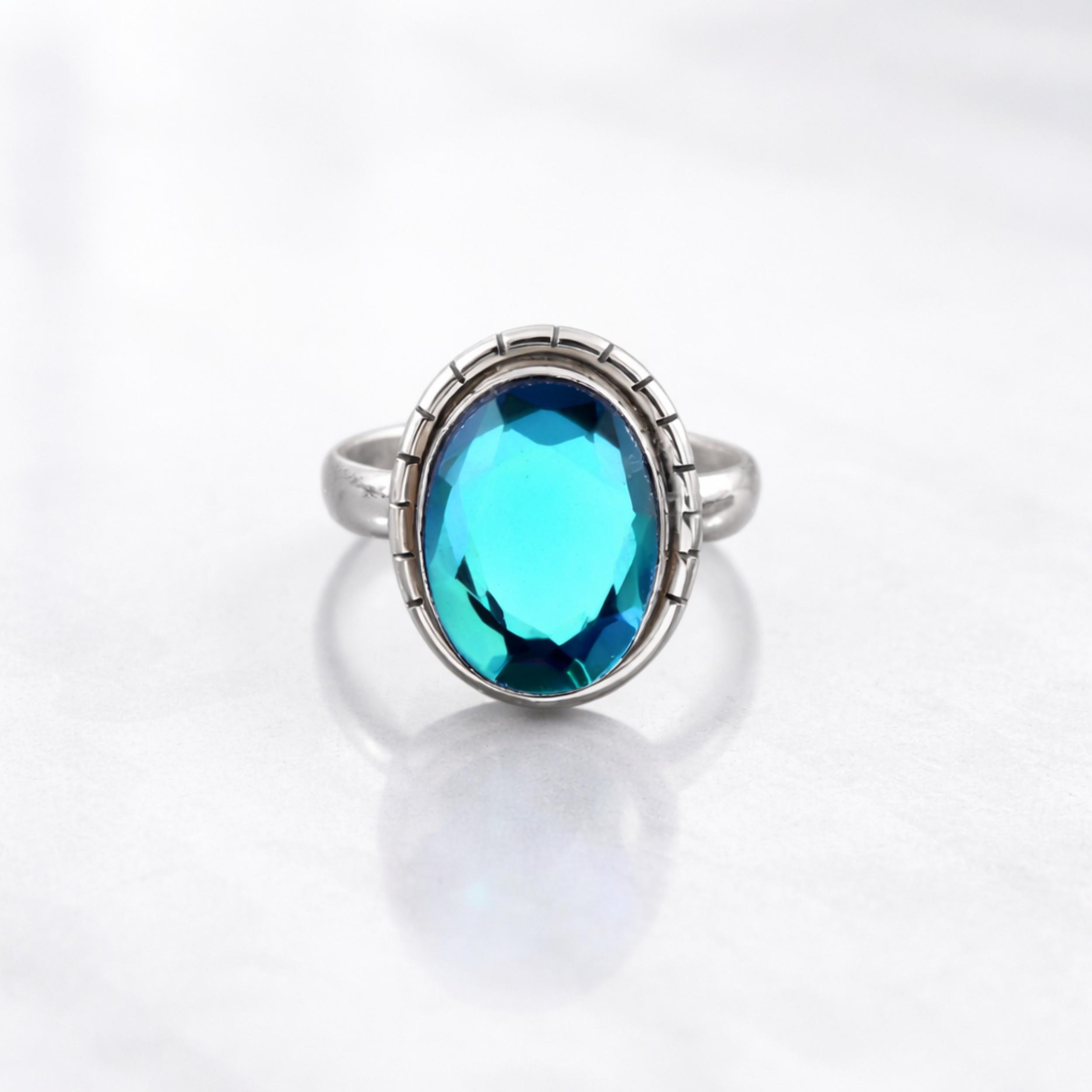 Angel Aura Quartz Ring, 925 Sterling Silver Jewelry, Handcrafted Oval Blue Crystal Statement Ring for Women 4 серебряный