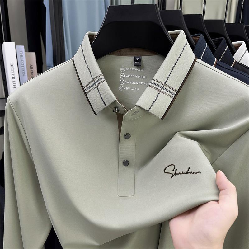 

Мужская футболка с длинным рукавом из тутового шелка, рубашка поло с лацканами, новый стиль весна-осень, бесшовный топ с длинным рукавом, мужская одежда L