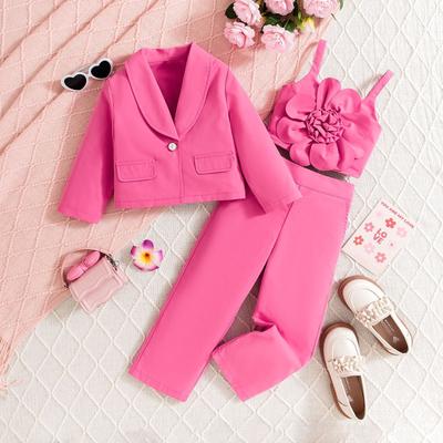 Girls' Fashion Casual Suit Spring and Autumn Children's Solid Color Long Sleeve Coat Flower Halter Pants Three-piece Suit