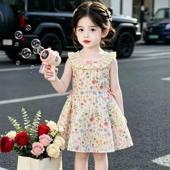 Girls Summer Sweet Sleeveless Floral Cotton Dress for Beach
