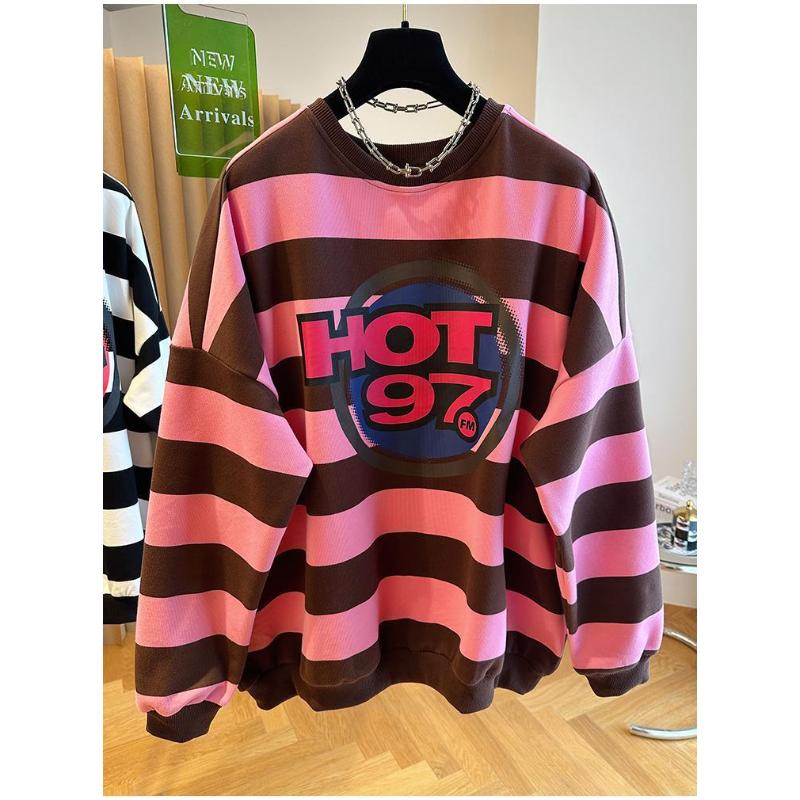 

Korean Loose Casual Lazy Style Striped Round Neck Sweatshirt for Women Autumn Versatile Long-sleeved Top L розовый