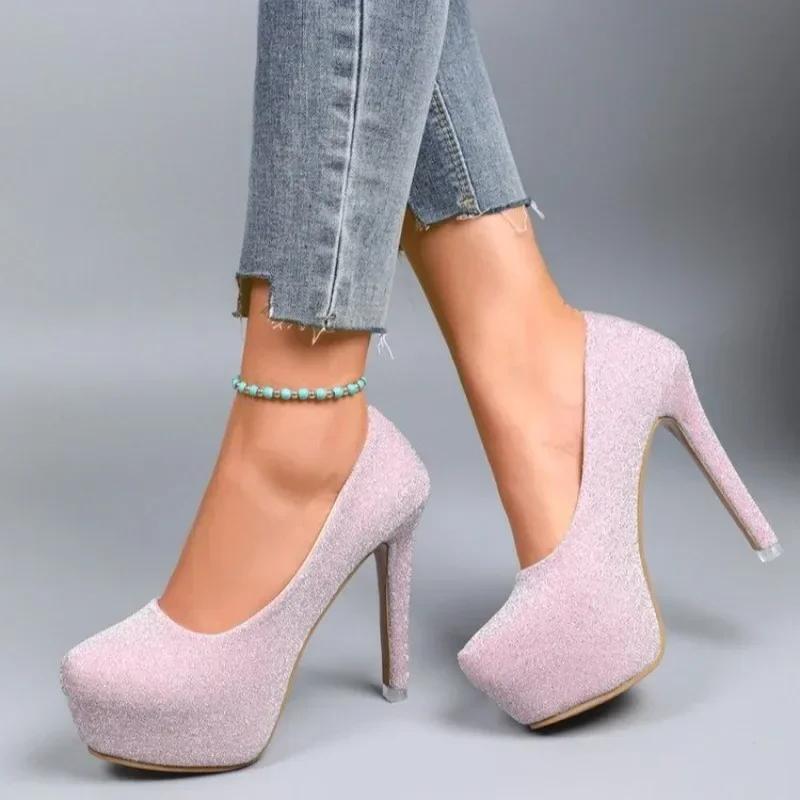 Round Toe Solid Color Pumps Super High Heel Thin Heels 2024 High Quality Women's Shoes Slip-on Spring/Autumn Platform Pumps