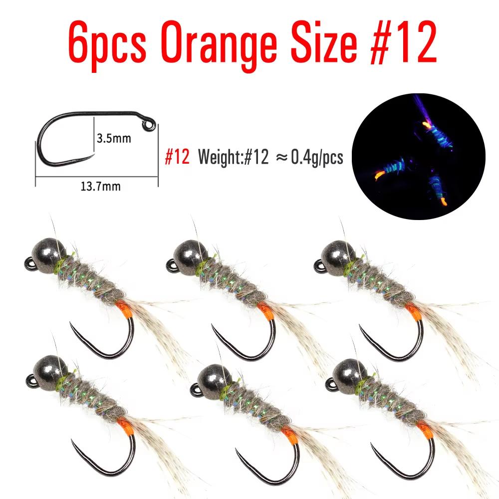 Bimoo 6pcs Black Tungsten Head Fluorescent Orange Pink Green Jig Fly Euro Nymph Perdigon Nymphs Fast Sinking Trout Fishing Lure