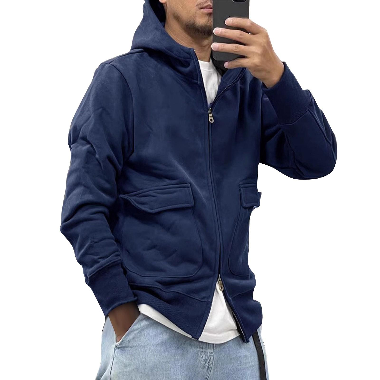 

Men s Winter Solid Color Zipper Hooded Jacket Men s Casual Plus Velvet Thickened Jacket M