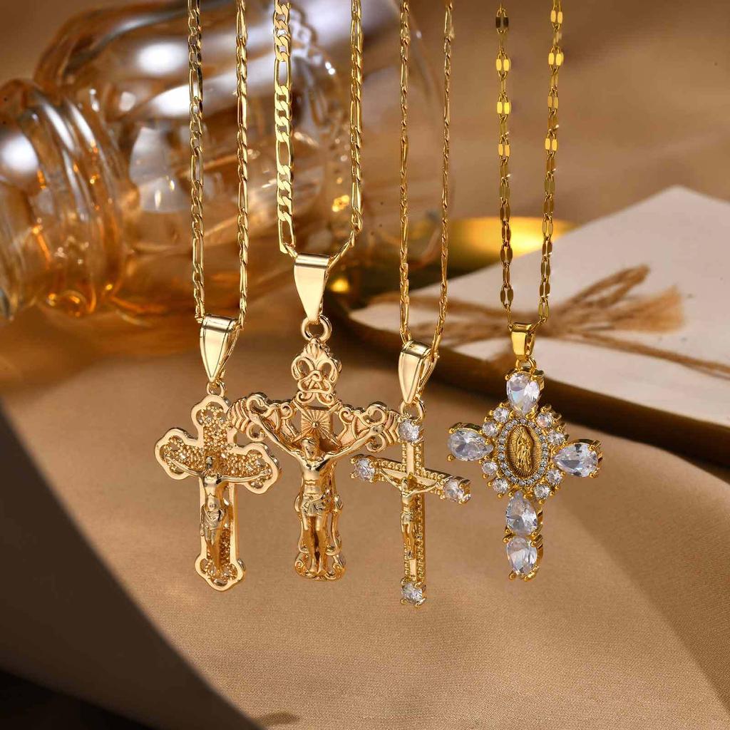 Vnox Gold Plated Pendant Necklaces For Women Stainless Steel Hollow Jesus Cross Necklaces Classic Design Christain Jewelry Gift