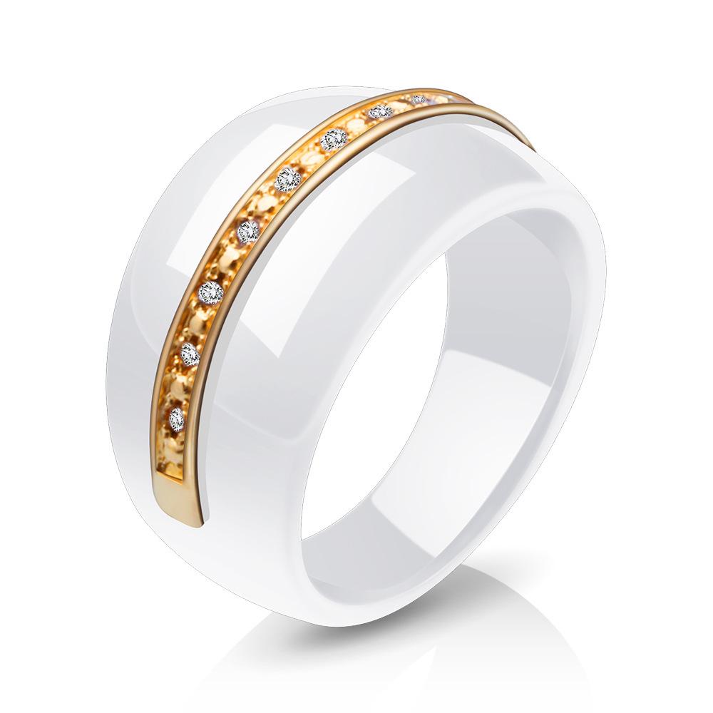 European  American Fashion 14MM Two-tone Ceramic Diamond Inlaid Couple Ring Size 9