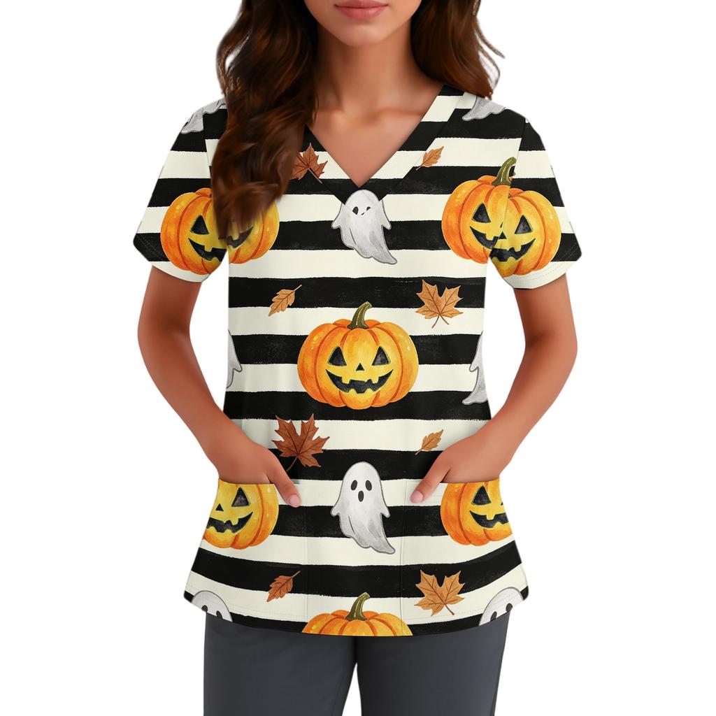 Haut d'uniforme médical à manches courtes et col en V pour femme avec poches Chapeau de sorcière d'Halloween et imprimé Uniforme de travail pour infirmière aide-soignante
