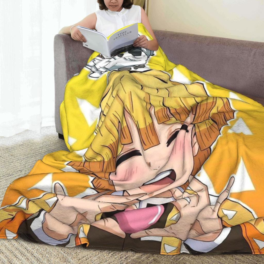 Flannel Throw Blanket Demon Slayer Kimetsu No Yaiba Japanese Agatsuma Zenitsu Anime Warm Blankets Bedspread for Home Picnic Sofa