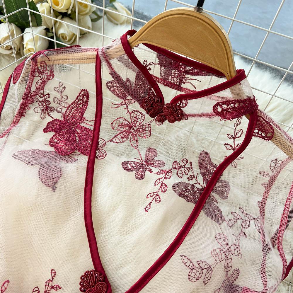 Singerie Mesh Sheer Sexy Nachtkleid Frauen Hollow Out Split Retro Unterwäsche Stickerei Cheongsam Weiblich Schmetterling Muster Erotische Mode Pyjamas 2024