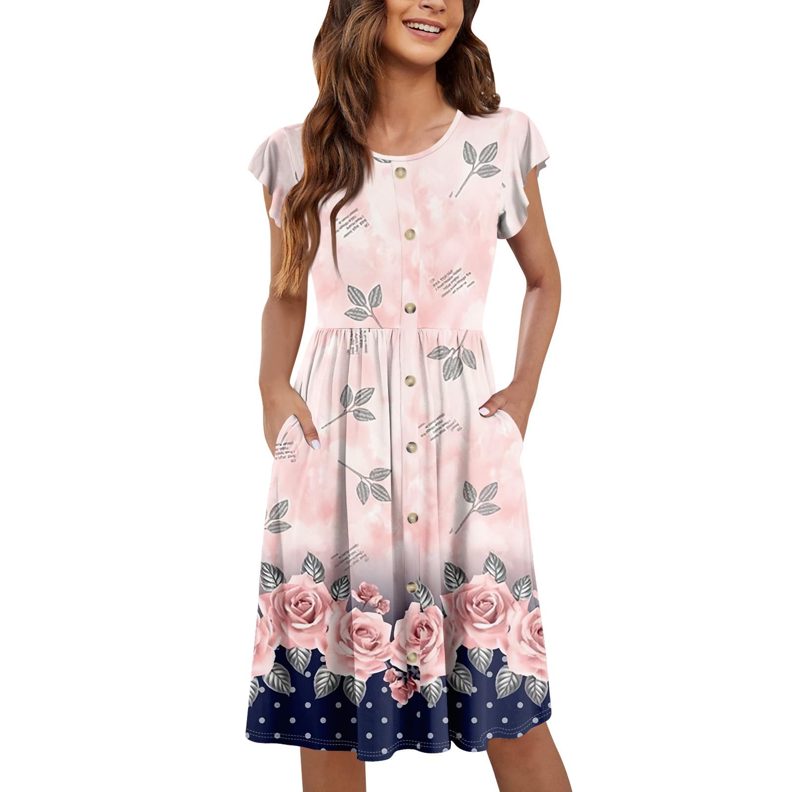 

Женские летние платья с круглым вырезом и рукавами-крылышками, повседневные свободные платья-миди с карманами на пуговицах и принтом XXL розовый