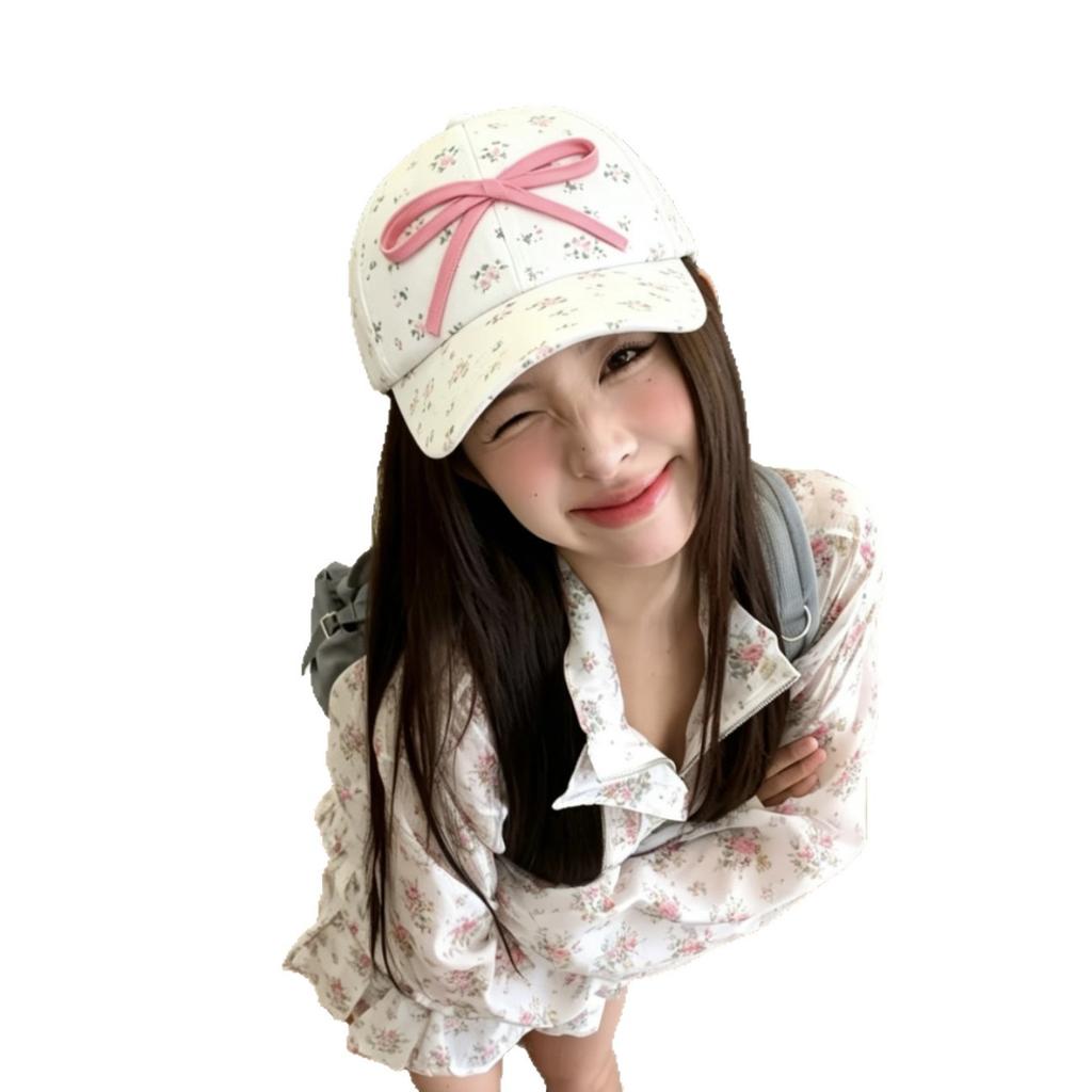 Korean version of small fresh floral bow baseball cap female face small sweet bucket hat summer sun protection hat