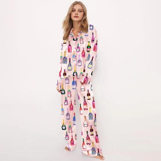 Women's Champagne Bottle Pajamas Set Long Sleeve Button Down Shirt And Pants Sleepwear Set Casual Wine Glasses Print 2 Piece Homewear Set
