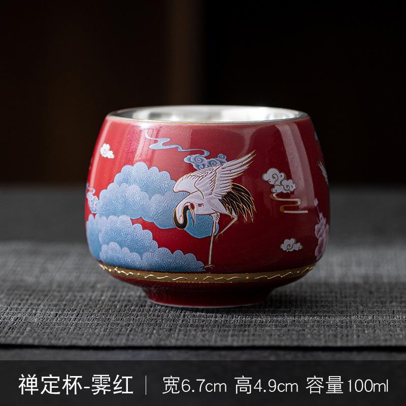Enamel Crane 999 Pure Silver Inner Liner Tasting Kung Fu Tea Cup Gift Box Set Can Be Gold Stamped with LOGO