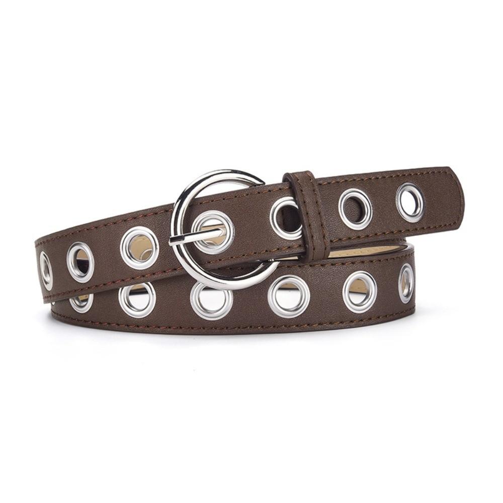 Textured Punk Rock Waistband Durable Silver Round Buckle Belt Alternative Fashion Blogger кофейный