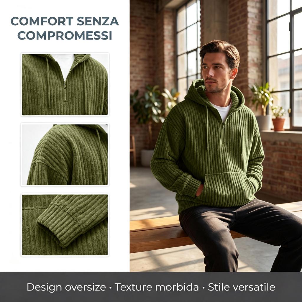 Men's Vintage Corduroy Half Zip Hoodie with Large Pockets
