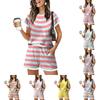 Women Casual Short Sleeve Two Piece Set Striped Top and Shorts with Pockets Lightweight Comfortable Summer Outfit