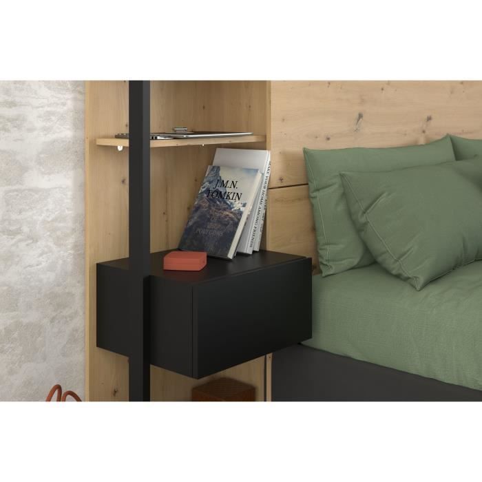 PARISOT Tête de Lit avec étagères + chevets intégrés - Décor chêne et noir - L 255 x P 36 x H 103 cm - WHITE