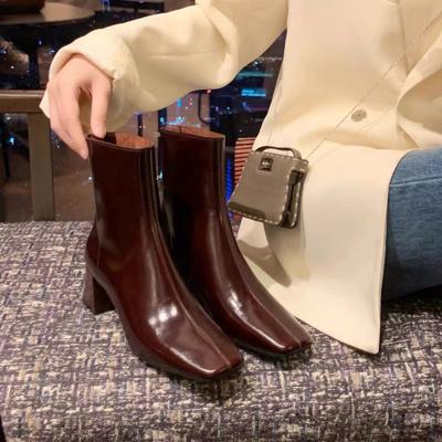 ~ #Elegante quadratische Spitze dicker hoher Absatz Retro-Mode dünne kurze Stiefel Damen Herbst und Winter