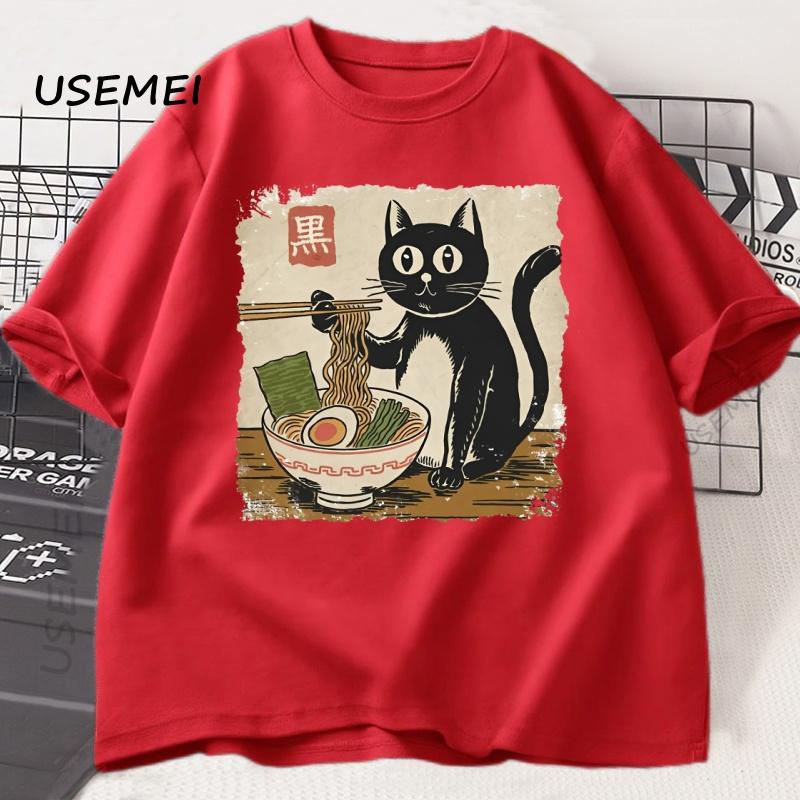Funny Black Cat Ramen T-shirt Men Women Japanese Graphic Tees Kawaii Cat Anime Print T Shirt Casual Short Sleeve Mens Clothes