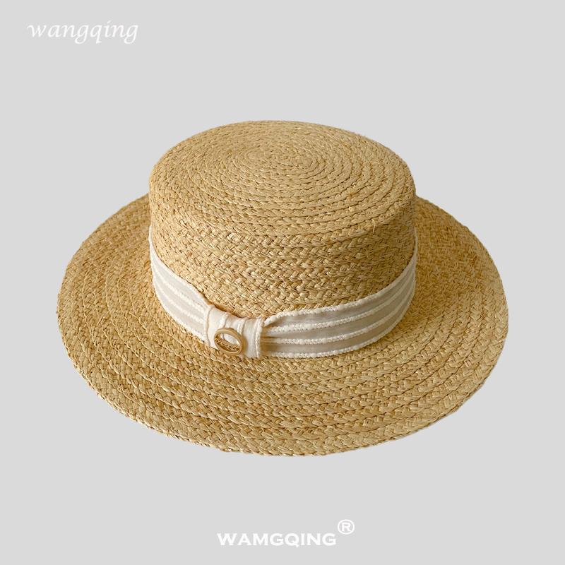 

Розовая соломенная шляпа с плоским верхом, женская летняя шляпа-козырек для защиты от солнца для отдыха на море, широкополая соломенная шляпа-цилиндр из рафии Adult average size (56-58cm) бежевый