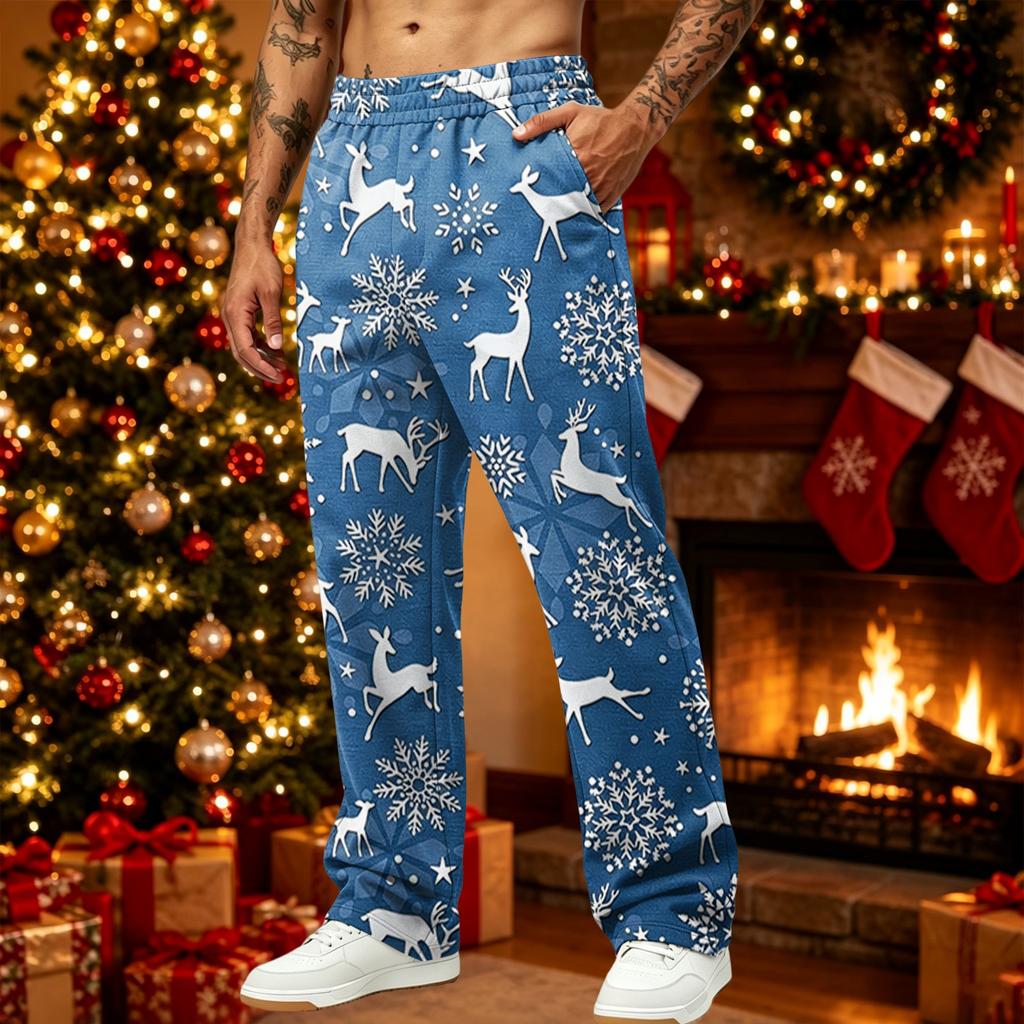 Men's Loose Fit Christmas Print Casual Pants with Pockets for Holiday Daily Wear