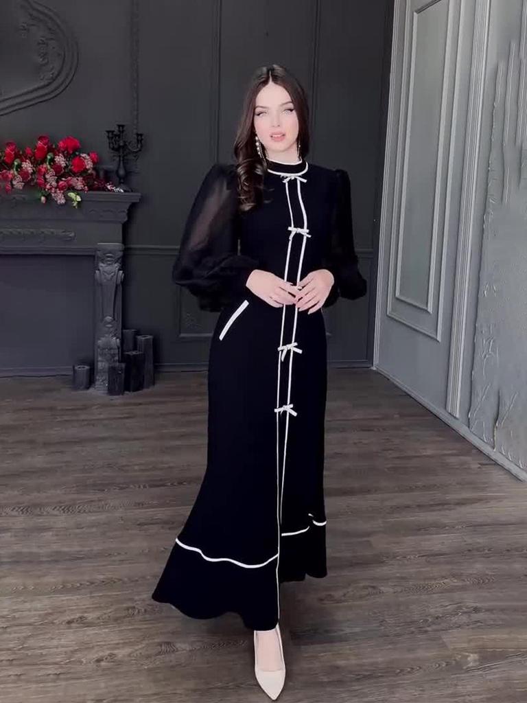 2024 Herbst Schwarz & Weiß Halbhoher Kragen Kleid mit Schleifenakzent